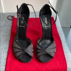 Fendi black glitter open toe strappy sandals